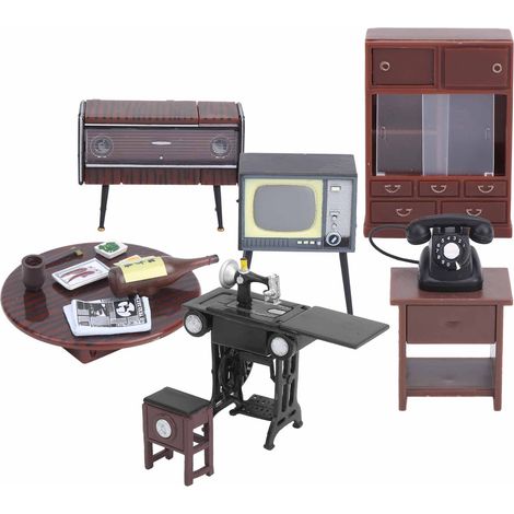 Table radio, machine à coudre, téléphone, table de maison de poupée 1:18, accessoires de décoration miniatures (1/5)