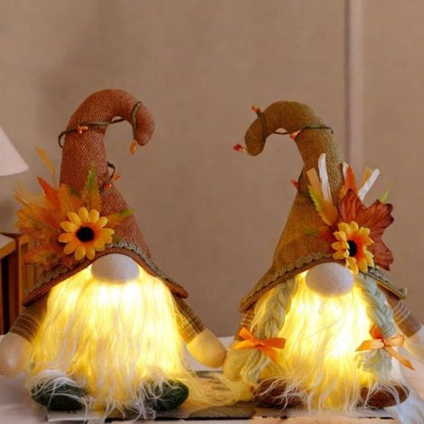 Décorations GNOME Automne LED 2pcs, Peluche Thanksgiving Plateau Table, Ambiance Festive