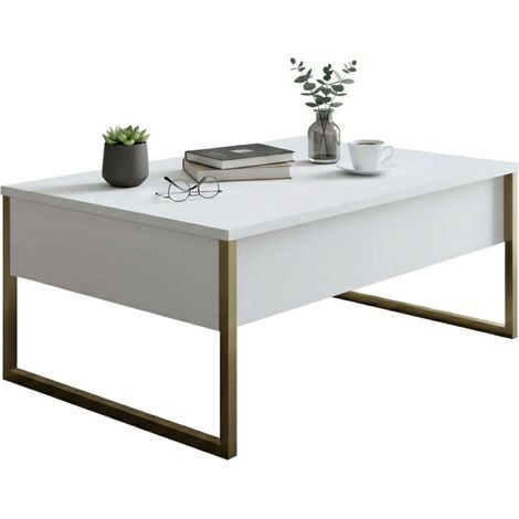 Dmora - Tavolino da salotto Lavinia, Tavolo basso da caffè, Portariviste per divano, Ripiano da soggiorno, 90x60h40 cm, Bianco e Oro
