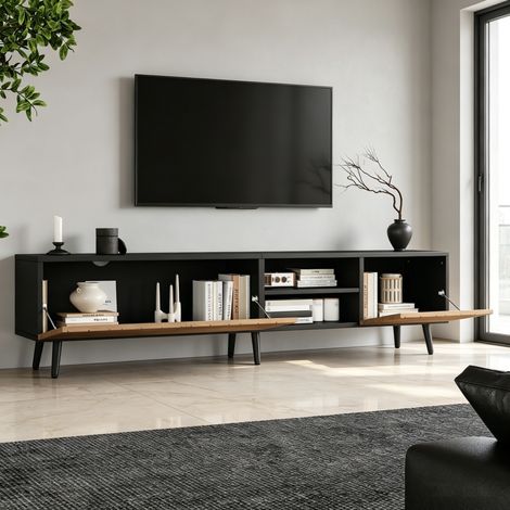 Mueble TV 180x33.5x45 cm natural y negro en tablero de partículas con 3 puertas, nicho abierto y pasacables (1/5)