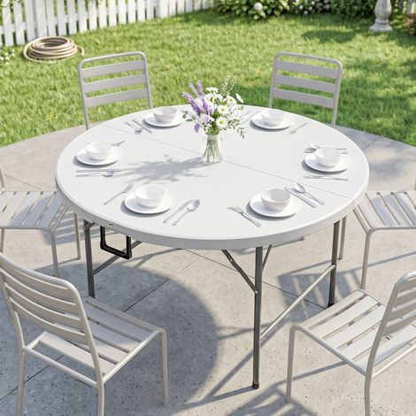 Table ronde de jardin pliante Ø122 cm peut accueillir 6 personnes pour évènement, structure métal, plateau HDPE (1/5)