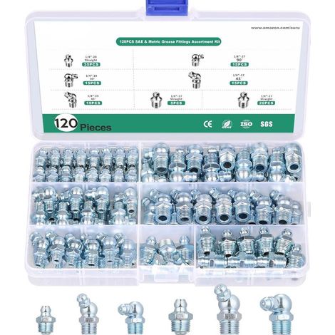 Sortiment an Schmiernippeln, 120 Stück SAE Zerk 1/4" und 1/8" NPT, gerade Schmiernippel (45° bis 90°) für Fettpresse (1/5)