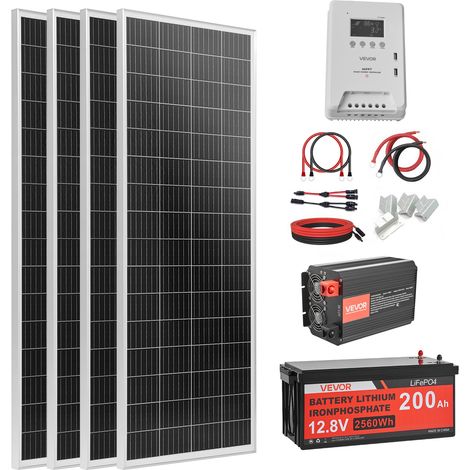 VEVOR Kit Solaire Complet Hors Reseau 400 W 12 V 4 Panneaux Solaires Monocristallins 100 W, Batterie LiFePO₄ 12,8 V 200 Ah, Controleur de Charge MPPT 40 A, Onduleur 2000 W, pour Camping-car, Maison (1/5)