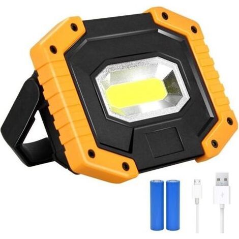 Projecteur LED Rechargeable 30W 2000LM Projecteur Chantier Lumière de Travail avec 2X 18650 Batterie 3 Modes Lanterne Portable Projecteur LED USB pour Camping, Chantier, Garage, Atelier(1pack)