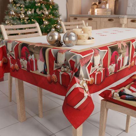Nappe de Noël Anti-Taches Carrée, Couvre-Table, Cuisine, Motif Elfe X4 Places (140 x 140 cm) 100% fabriquée en Italie (1/5)