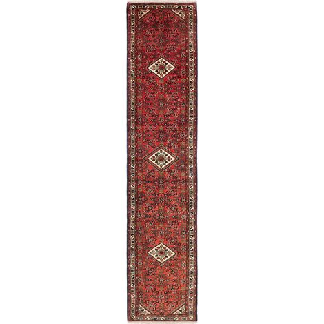 Tapis d'orient 90 x 405 cm, motif oriental, en laine nouée main, rouge, beige et bleu, authentique couloir iranien (1/5)