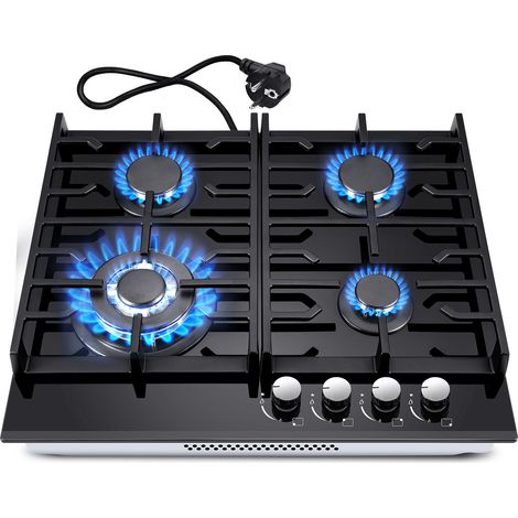 Plaque de cuisson gaz 4 feux 60 cm – Verre trempé noir – Brûleur wok 3400 W – Convertible gaz naturel et propane (1/5)