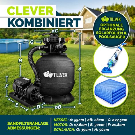 Tillvex – Filtre à sable 7900 l/h – Vanne 7 voies – Manomètre intégré – Capacité 10 kg – Adaptateur 32/38 mm – Corps métallique robuste