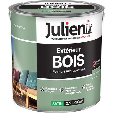 Julien Peinture Bois Microporeux Extérieur Satin - Portes, fenêtres, portails, mobilier de jardin - Vert Provence 2,5 L