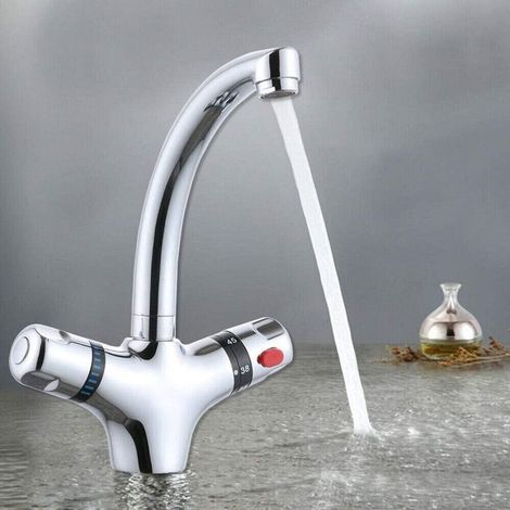Mitigeur thermostatique de lavabo – Rotatif à 360°, double poignée – Corps en laiton massif (1/5)