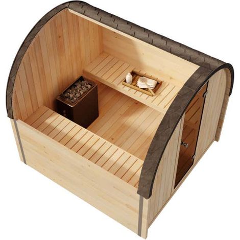 FinnTherm Fasssauna ScandiPod Comfort Fasssauna 2 Sitzbänke aus Holz, Sauna mit 42 mm Wandstärke, Außensauna mit Montagematerial