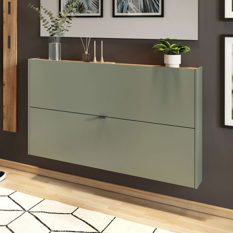M&S – Meuble à chaussures 2 abattants 140x19x85 cm vert – Structure en panneaux mélaminés résistants aux rayures – Fermeture lente et silencieuse