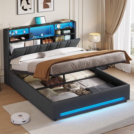Lit Coffre 160x200 Hydraulique 30cm – Sommier avec LED, Tête de lit Multifonction (2 Prises AC+USB+USB-C),Cadre Rembourré Gris Foncé–Lit 2 Places avec Rangement,Capacité 450kg,sans Matelas (1/5)