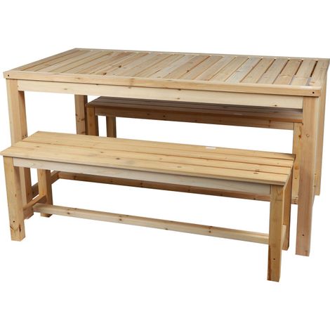 Ensemble table et 2 bancs de jardin en bois de sapin 150x80x77cm – Dimensions bancs 130x35x45cm – Pour espaces extérieurs – Wadiga (1/3)
