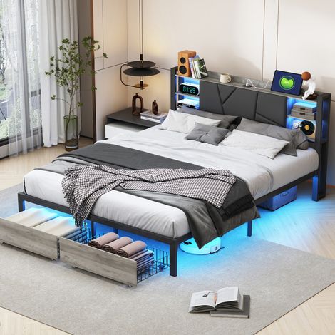 lit double 160x200 cm avec tiroirs, lit adulte avec LED et prises USB, tête de lit rembourré avec compartiment de rangement, sommier métal, PU, noir (1/5)