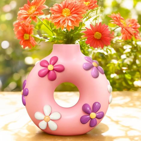 Vase en forme de donut coloré pour fleurs, vase à fleurs rond moderne bohème décoratif pour salon, cadeaux de jardinage esthétiques éclectiques, rose (1/5)