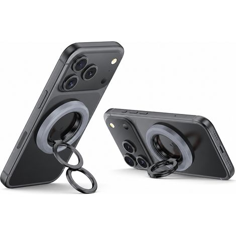 Support téléphone magnétique à double anneau, rotation 360°, poignée en aluminium compatible MagSafe, gris et noir titane (1/5)