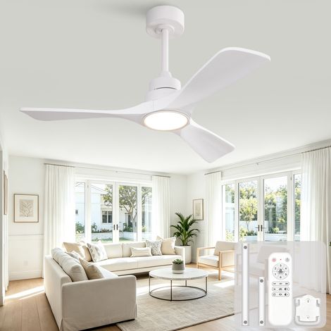 Deckenventilator 42 Zoll Weiß mit Massivholzflügeln, leisem DC-Motor, Fernbedienung und LED-Licht mit 3 Farbtemperaturen (1/5)