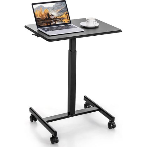 COSTWAY Bureau Assis Debout, Table de Lit à Roulette, Table Reglable Hauteur 74-108 CM, Vérin Pneumatique,4 Roulettes,Charge 80kg, Bureau Réglable en Hauteur pour Petit Espace, Chambre, Salon (Noir) (1/5)