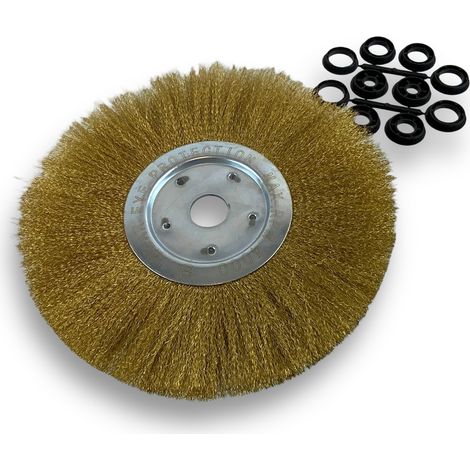Brosse circulaire LAITON Ø 300 mm Epaisseur 1 rang Fil souple 0.20 mm ondulé Alésage 32 mm + réducteur bague 25/22/20/16/12 mm Touret meuleuse affûteuse ponceuse Kibros 211301LV (1/5)