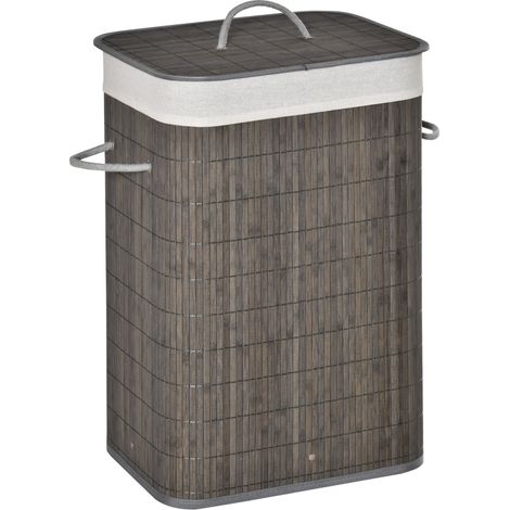 Cesto portabiancheria stretto 83 L 43 x 32 x 61 cm in bambù grigio con coperchio e maniglie - CHICFURN (1/5)