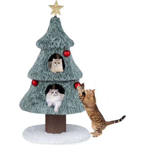 Arbre à chat de Noël pour chats d'intérieur, 123 cm, tour à chat mignonne avec 2 grands compartiments et griffoir - Vert (1/2)
