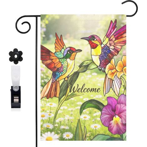 Drapeau de jardin colibris colorés et fleurs 30 x 45 cm décoration extérieure jardin (1/5)