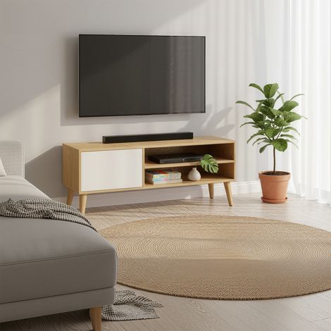 Meuble TV, pour téléviseurs jusqu'à 55 pouces, Centre de divertissement, Chêne et Blanc (1/5)