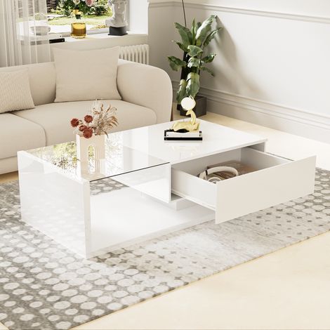 Mesa de centro con tablero de cristal y luces LED efecto multicolor tablero de partículas 105x55x32.5cm blanco lacado (1/5)