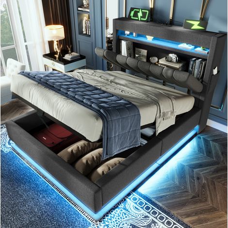 MEUBLIV Cama 90x200 cm gris – estructura con LED y USB, sin colchón (1/5)