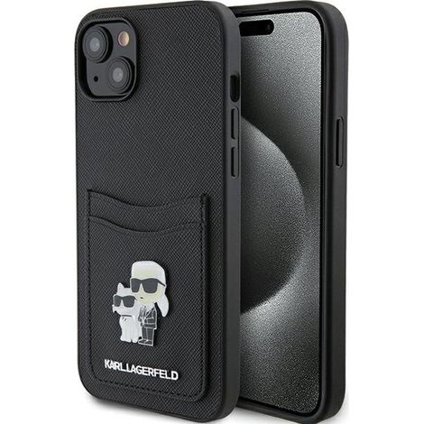 Karl Lagerfeld KLHCP15SSAPKCNPK iPhone 15 / 14 / 13 6,1 Zoll schwarze/schwarze Hartschalen-Hülle mit Saffiano-Kartenfach und Karl&Choupette Metall-Pin (1/5)