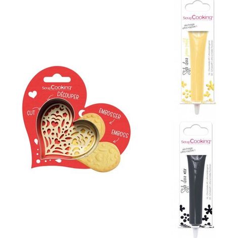 Kit pour biscuit en relief Coeur + 2 Stylos au chocolat jaune pastel et noir (1/3)