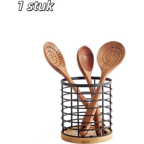 Porte ustensiles de cuisine rond avec base en bois pour ranger couverts et ustensiles sur le plan de travail format compact couleur noire 1 pièce (1/5)