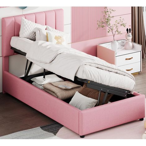 Lit coffre simple rembourré en lin - 90x200cm - Rose (1/4)