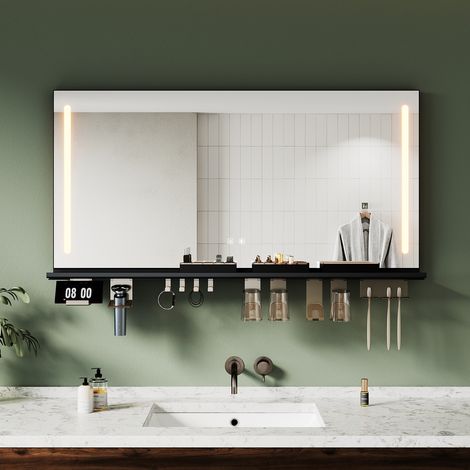 SIRHONA 120×60cmMiroir lumineux de salle de bain avec étagère de rangement, antibuée, éclairage 3 couleurs, éclairage réglable, bandes lumineuses doubles latérales