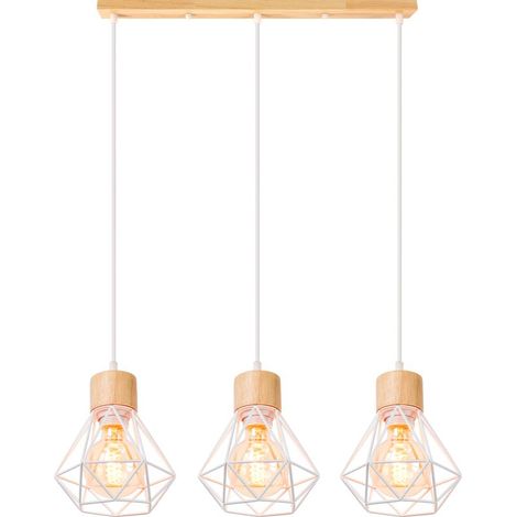 Lampe À Suspension Vintage Suspension Luminaire Rétro 3 Lumières Plafonnier D'Intérieur Moderne En Métal Et En Bois Blanc (1/5)
