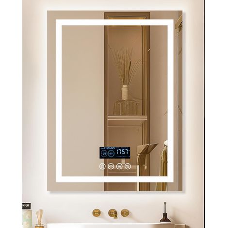Miroir Salle de Bain LED Bluetooth 5.2 Éclairage Intégré Horloge 60x80cm Rétroéclairé 4 Boutons Lumineux Gradable Connecté Antibuée Mémoire IP65 (1/5)