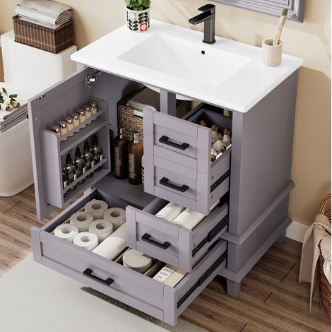 Badezimmerschrank mit Waschbecken (76 x 46 x 83,5 cm), freistehend, 3 Schubladen, lackiert, Keramik, Grau (1/5)