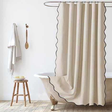 Tenda da doccia in lino testurizzato 180x180 cm, impermeabile e lavabile, antimuffa, per bagno con anelli, beige (1/5)