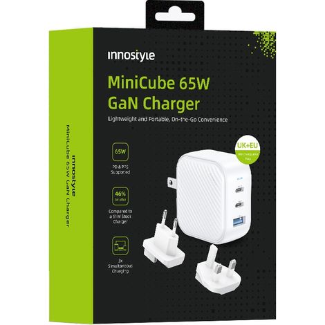 Innostyle Mini Cube leistungsstarkes GAN Schnellladegerät für Reisen (EU, USA, UK, AU, 3x USB-C, 65 W, weiß) (1/5)