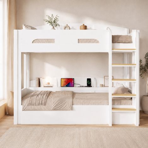 Letto per bambini 90x200 cm con letto inferiore, presa USB e vani contenitore, bianco HAVRYA (1/5)