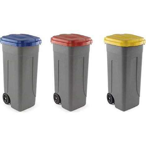Set di 3 Bidoni per la Raccolta Differenziata 100 Litri con Ruote e coperchi colorati mobil plastic pattumiere contenitori spazzatura (1/5)