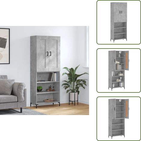 Pieds métalliques - vidaXL Buffet haut Gris béton 69,5x34x180 cm Bois d'ingénierie - Espace de rangement (1/5)