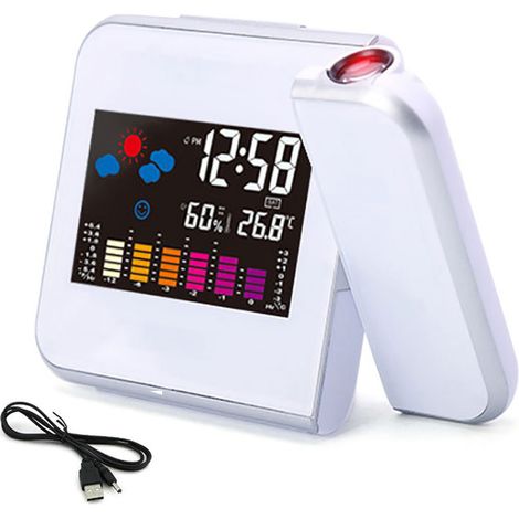 MINKUROW Reloj Despertador De Proyección Digital Con Higrómetro De Temperatura Hora Fecha Reloj Con Pantalla Lcd - Con Cable Usb, Blanco (1/5)