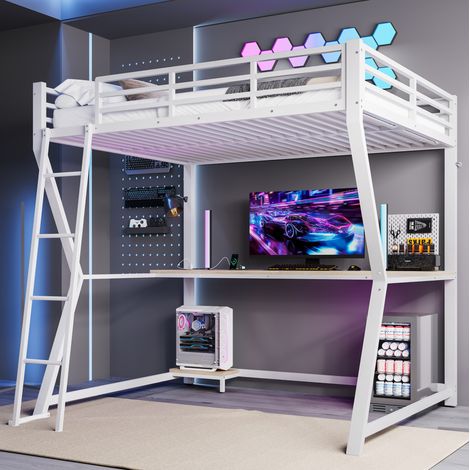 Hochbett 140x200 cm Weiß aus Metall und MDF mit LED-Licht, Schreibtisch, Steckdose, USB, Treppe und Geländer (1/5)