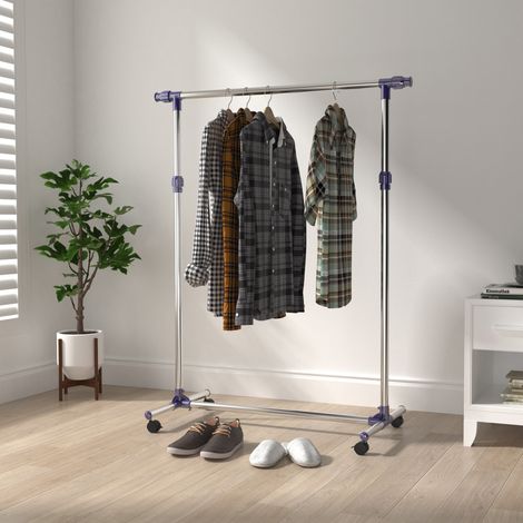Perchero con ruedas de acero inoxidable plateado, regulable 86-160 x 45 x 95-170 cm, altura y ancho ajustables (1/5)