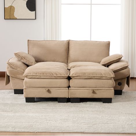 FloraGrace Canapé modulaire 2 places avec 2 poufs, 190 x 132 x 84 cm, corduroy khaki, USB C (1/5)