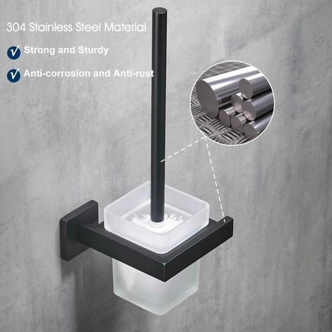 Brosse WC et Support Mural avec Support, Noir, Acier Inoxydable 304 et Verre Mat pour Salle de Bain (1/4)