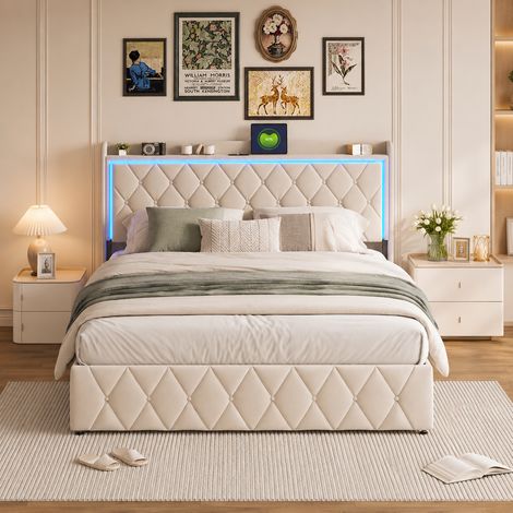 Lit coffre 140x190 avec led et usb, lit double avec sommier à lattes, tête de lit avec rangement, cadre de lit pour adultes, beige velours (1/5)