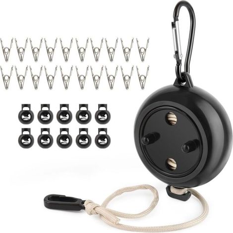Étendoir à linge rétractable, étendoir à linge portable, étendoir à linge rétractable de 10 m avec 10 boucles fixes et 20 clips résistants au vent, pour l'intérieur et l'extérieur, accessoires (1/5)